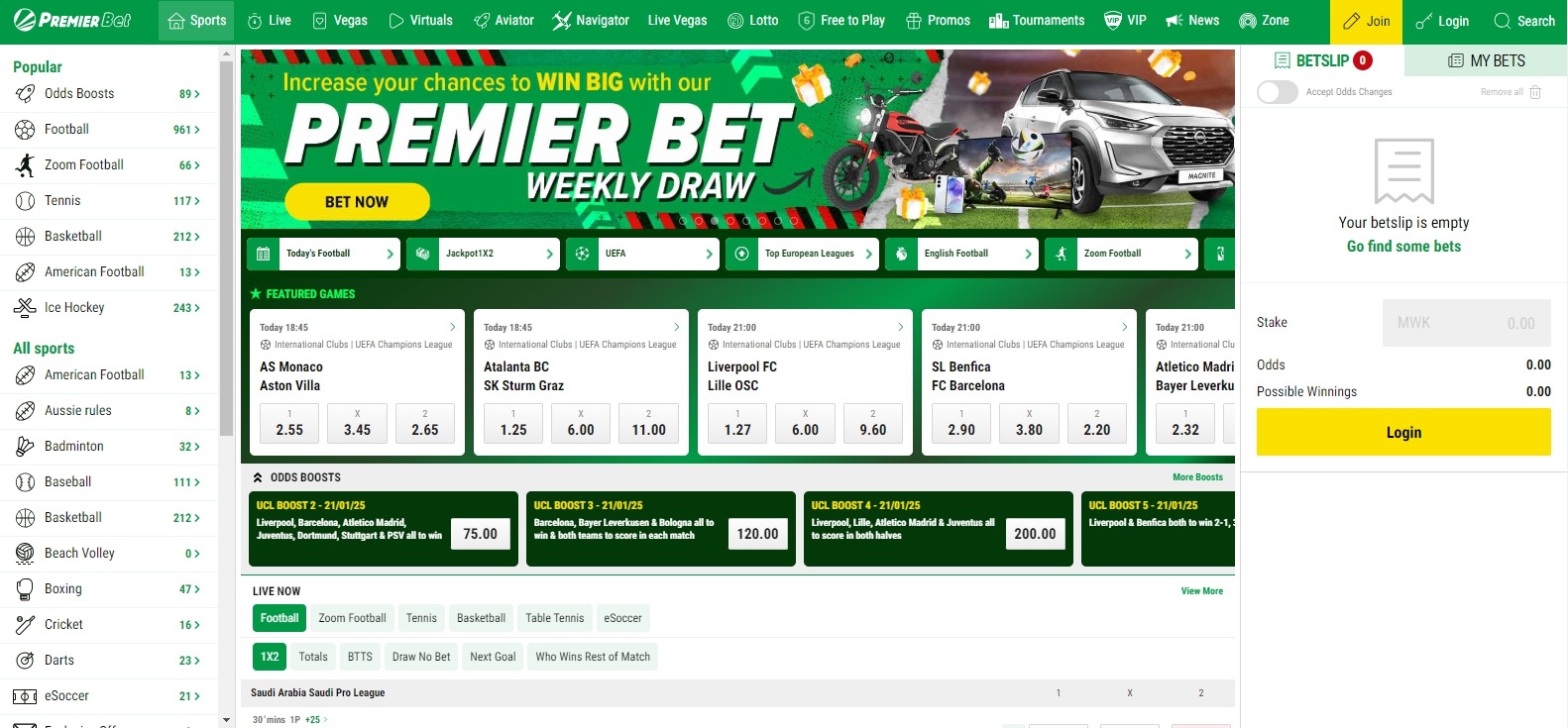 Premier Bet Malawi main page